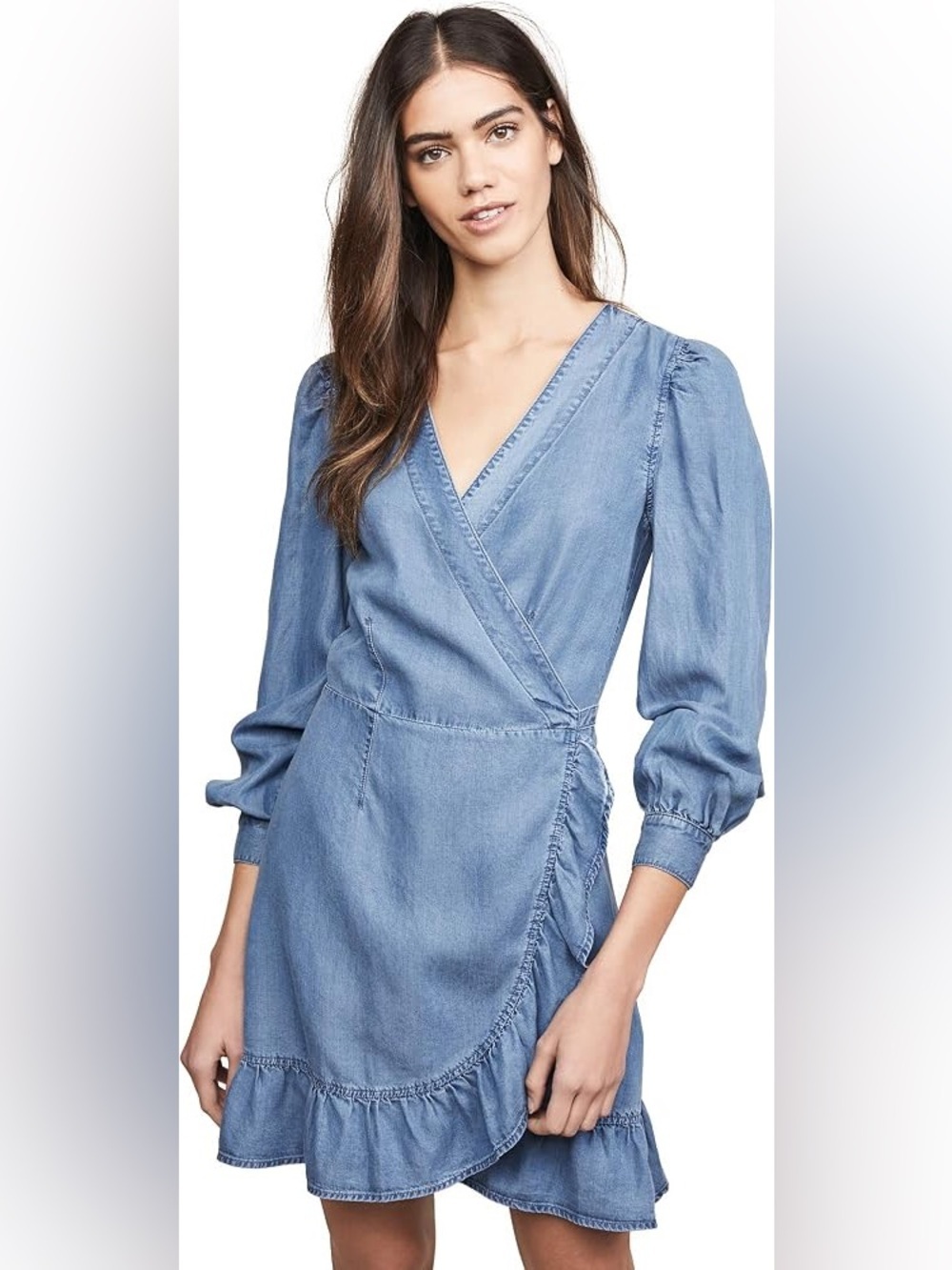 PAIGE Kendry Light Blue Denim Wrap Dress with Ruffle Hem Size Small New